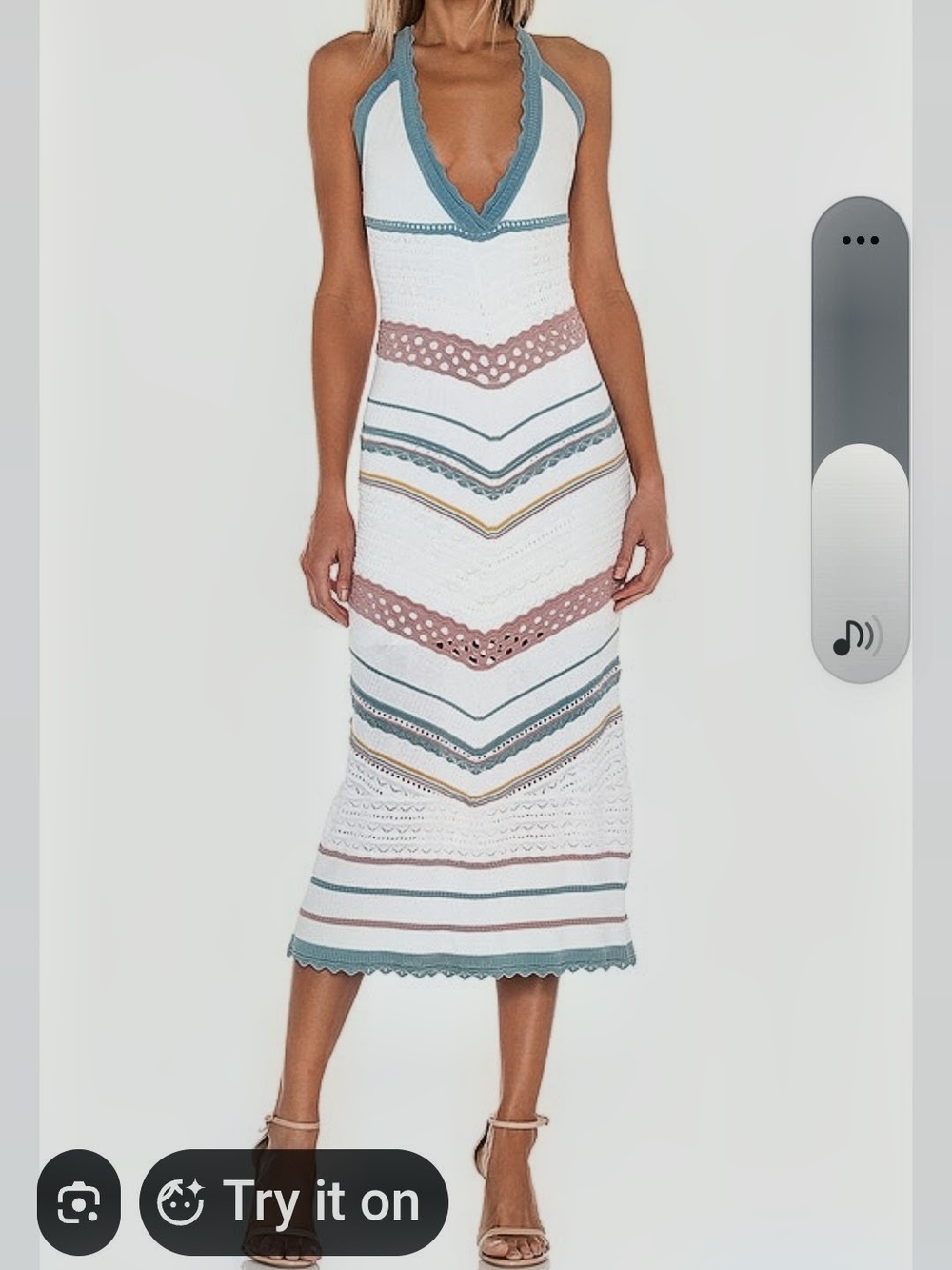 Alexis White Crochet Halter Midi Dress with Blue and Mauve Accents